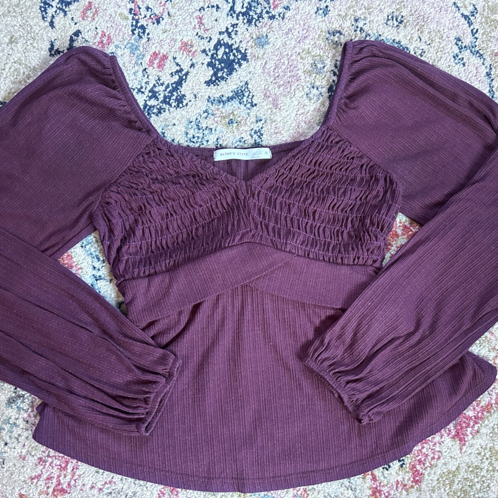 Altar'd State Plum Ribbed Smocked Bust Long Sleeve Top